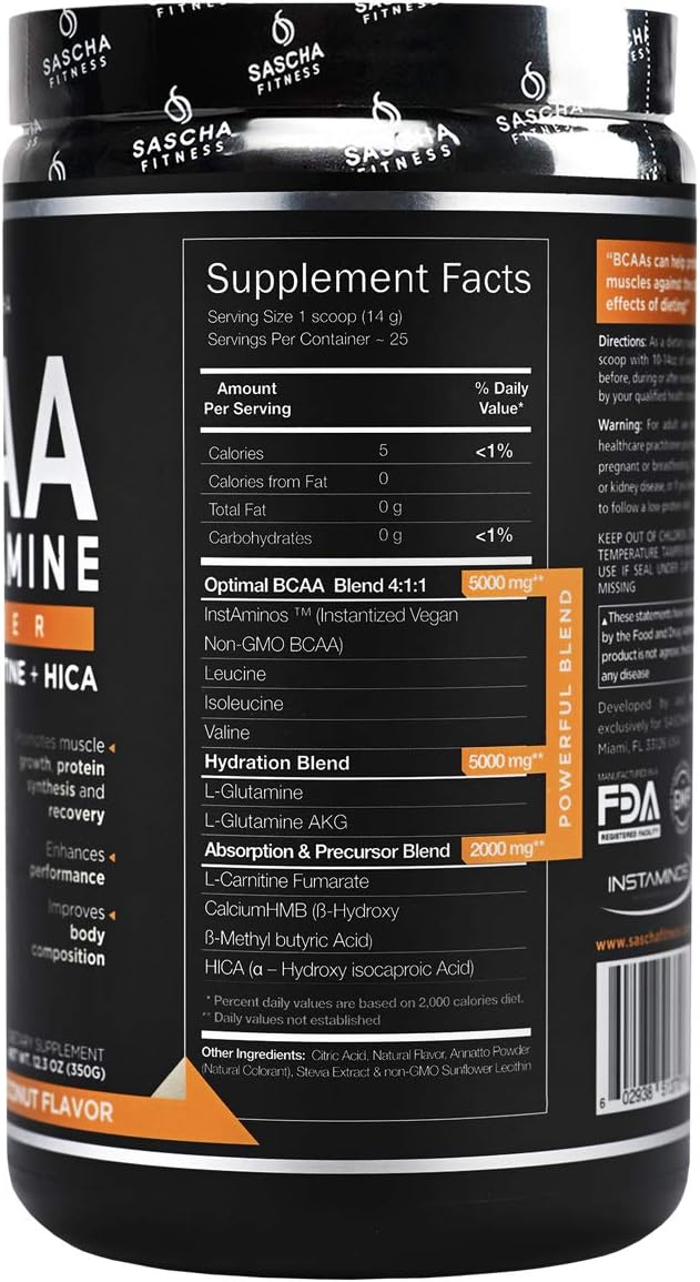 Sascha Fitness BCAA 4:1:1 + Glutamine, HMB, L-Carnitine, HICA | Powerful and Instant Powder Blend with Branched Chain Amino Acids (BCAAs) for Pre, Intra and Post-Workout (Natural Mango Coconut Flavor): Health & Personal Care