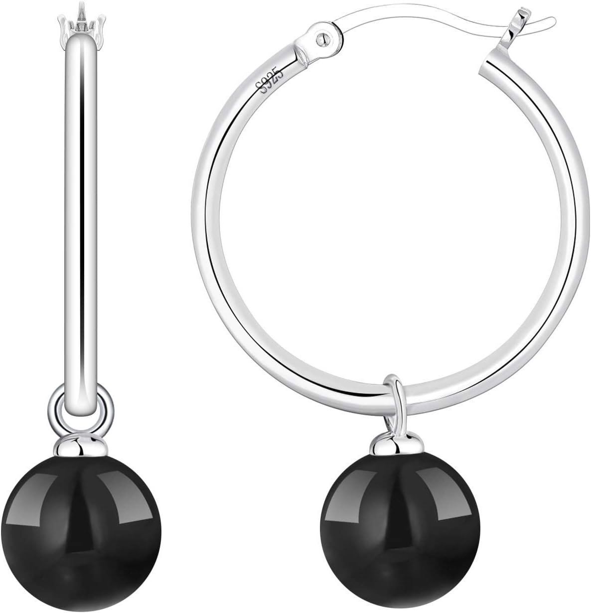 JO WISDOM 925 Sterling Silver Hoop Earrings with Simulated Danlge Pearl(white/Black)