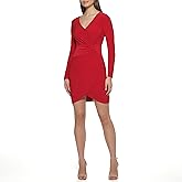 Guess Womens Knot Detail Fitted Long Sleeve V-Neck Dress