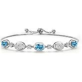 Gem Stone King 925 Sterling Silver Swiss Blue Topaz and White Lab Grown Diamond Bracelet For Women | 4.40 Cttw | Gemstone November Birthstone | Oval 7X5MM | Fully Adjustable 9 Inch