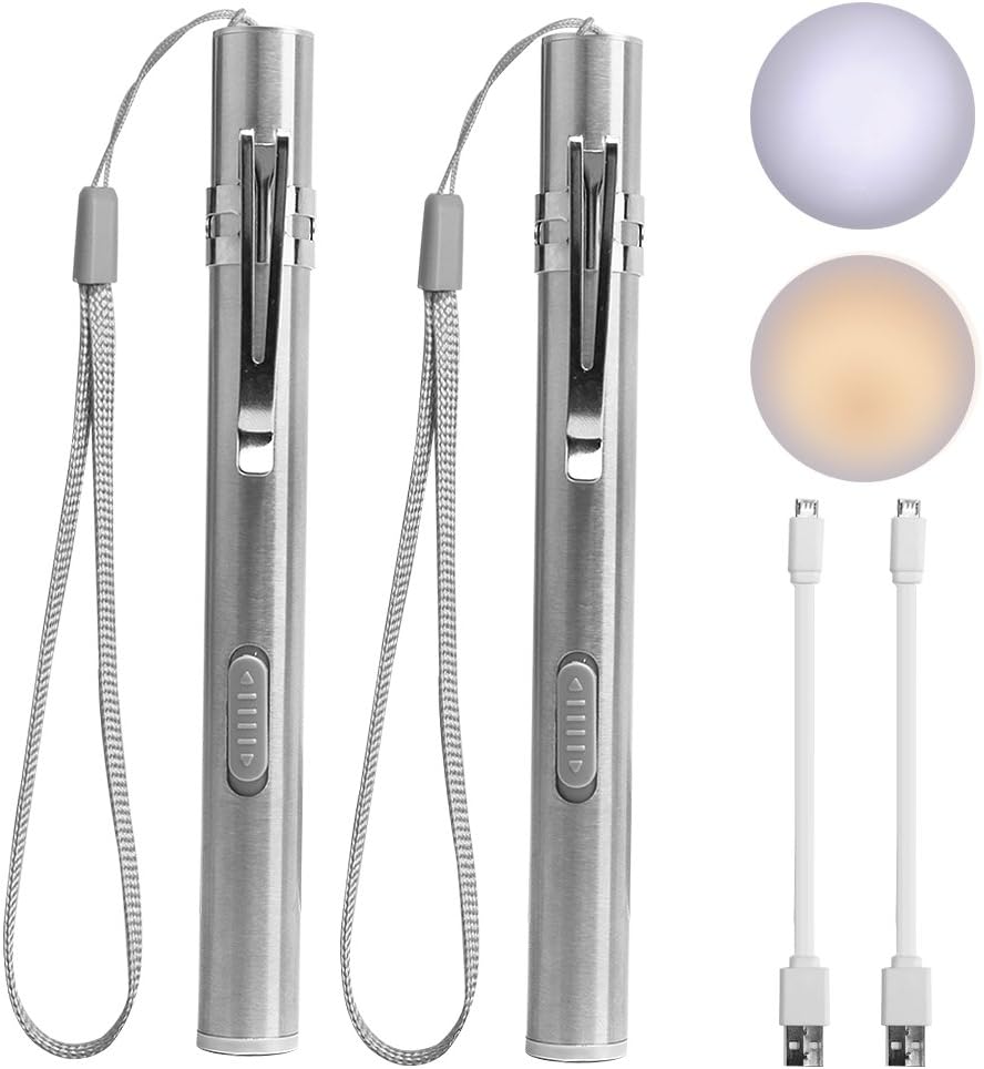 Premium Pen Lights for Nurses USB Rechargeable Nursing Penlight Flashlights 2 Pack White/Yellow Light for Medical Students Doctors Stainless Steel Body