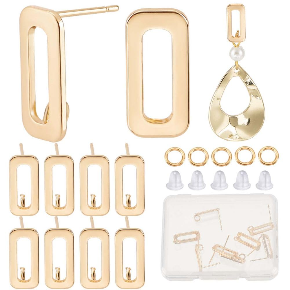 CREATCABIN 1 Box 14Pcs 18K Gold Plated Brass Stud Earring Findings Rectangle Earrings Studs Post Ear Stud with Vertical Loops and Ear Nuts Open Jump Rings for DIY Jewelry Making Findings, 0.6x0.3 Inch