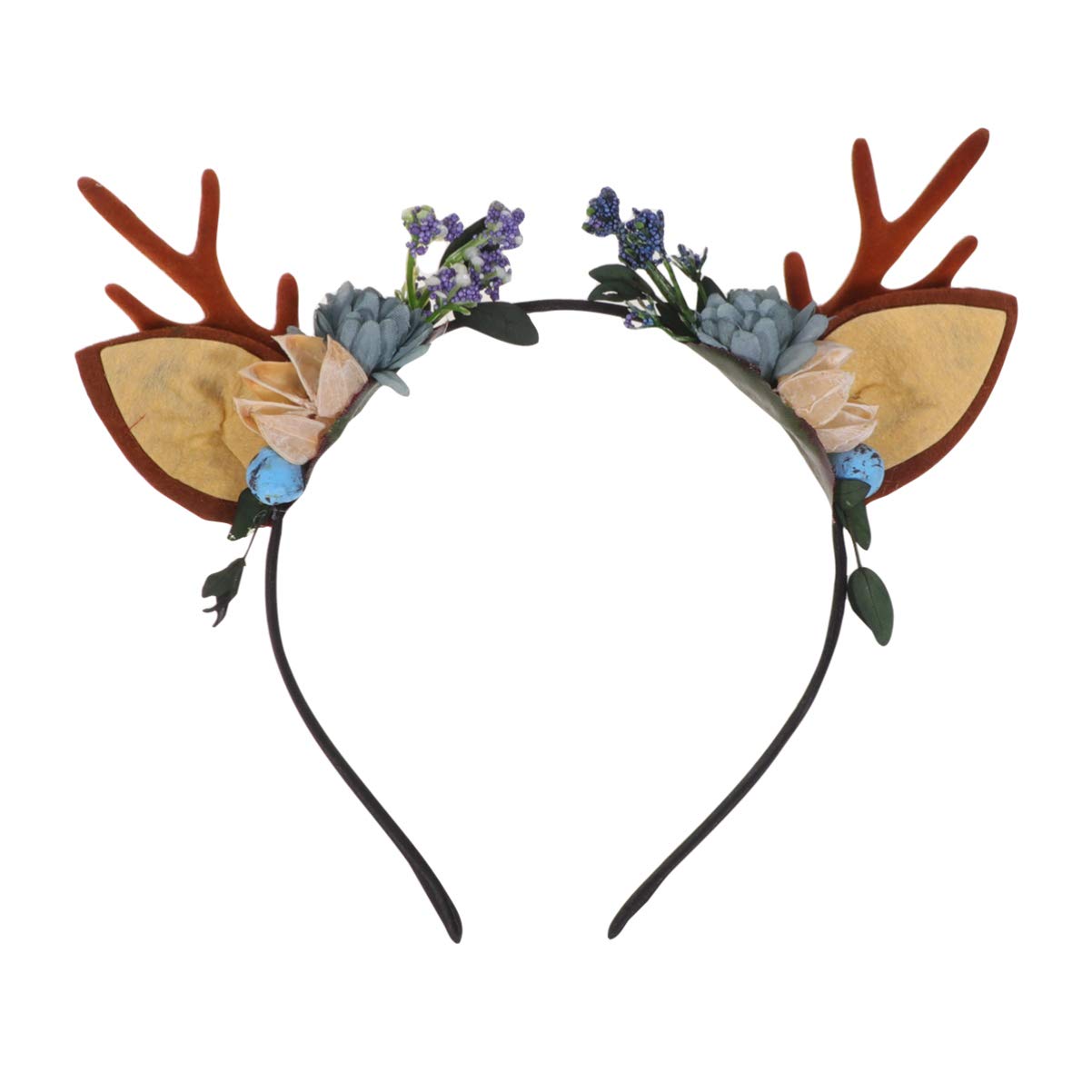 Lurrose Antler Headband Christmas Deer Flower Headband Berry Reindeer Hair Accessories for Party Festival (Blue)