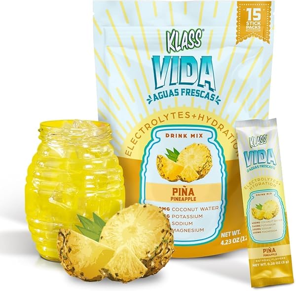 KLASS VIDA ELECTROLYTE DRINK MIX – PINEAPPLE AGUA FRESCA FLAVOR | SUGAR-FREE HYDRATION POWDER WITH COCONUT WATER & MINERALS | 15 SINGLE-SERVE STICK PACKS, LOW CALORIE, NATURAL FLAVOR