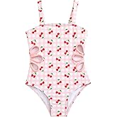 WDIRARA Girl's One Piece Swimsuit Cute Gingham Cherry Print Cut Out Swimwear