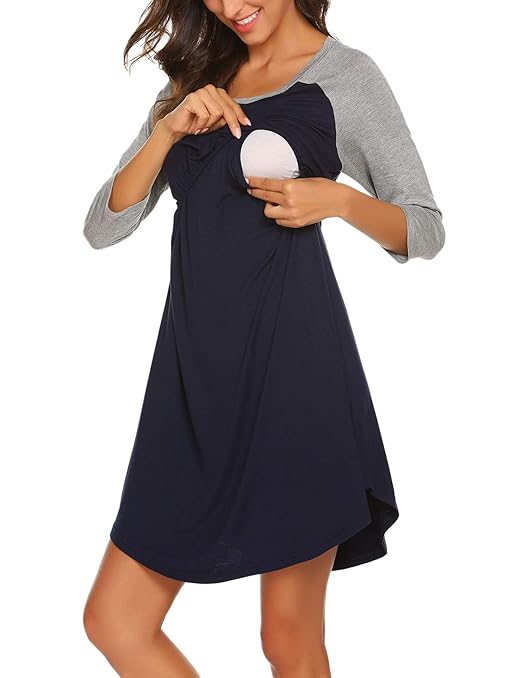 Unibelle Damen Umstandsnachthemd Baumwolle Stillnachthemd 3/4 Ärmel Nachthemden für Schwangere und Stillzeit S-XXL
