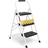 BONTEC 3-Step Ladder, Folding Step Stool, 600lbs Max Load Capacity, White | Sturdy Steel, Non-Slip Pedals, Lightweight, Portable Design with Convenient Handrail, Safety Design for Home &amp; Work Use