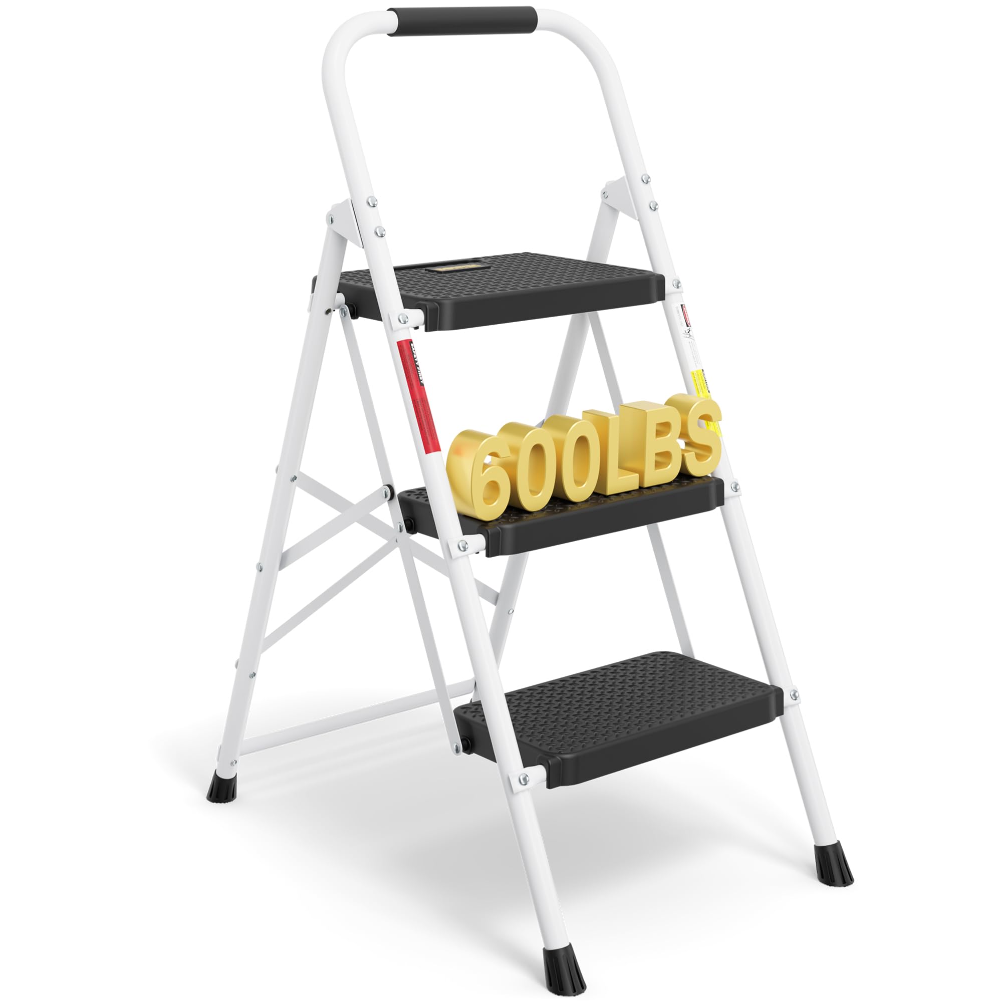 Photo 1 of BONTEC 3-Step Ladder, Folding Step Stool, 600lbs Max Load Capacity, Sturdy Steel, Non-Slip Pedals, Lightweight, Portable Steel Ladder with Convenient Handrail, Safety Design for Home & Work, White
