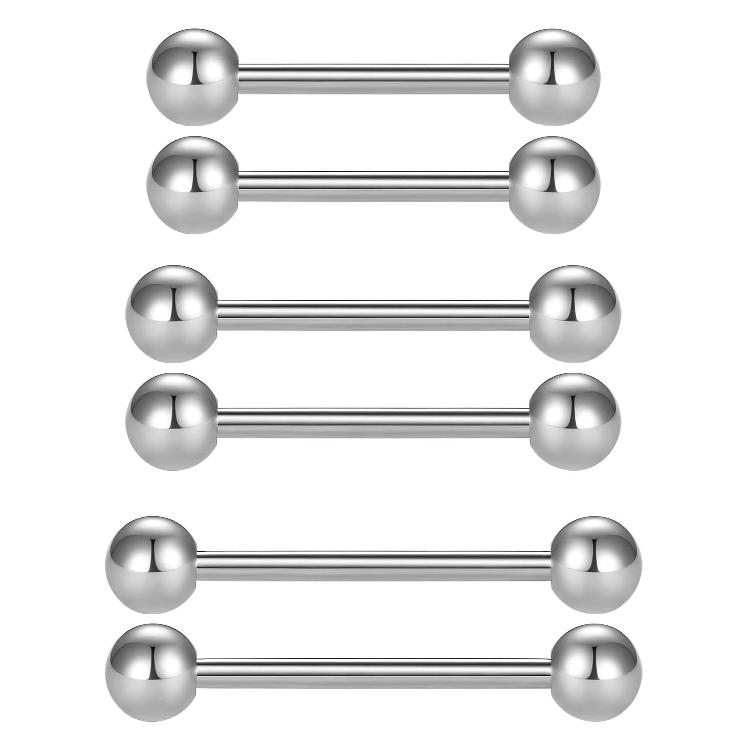 Longita 16G 6PCS Tongue Bars Nipple Rings for Women Men Stainless Steel Straight Barbells 14-18MM Body Piercing Jewelry-Silver