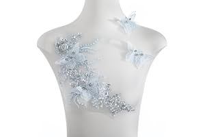 FixrWre Flower Pearl Fabric Rhinestones Beaded Lace Applique,3D Butterfly Embroidered Lace Patch for Clothes,Dress (Light Blue)