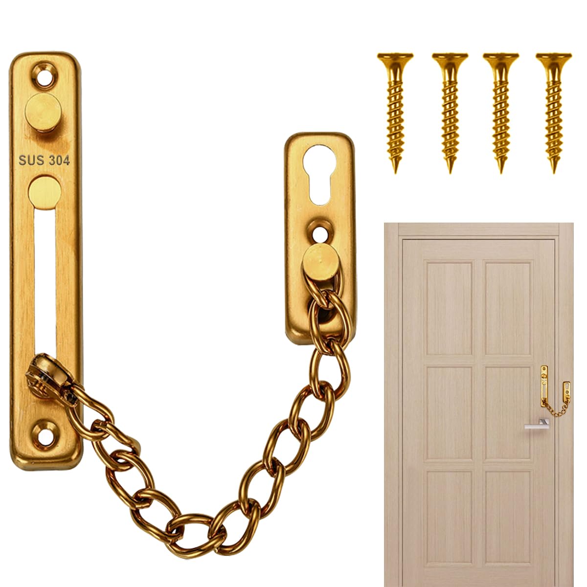 MSPEBEC Anti-Theft Chain 304 Stainless Steel Door Chain with Screw Door Chain Lock for Home Hotel Interior Doors and Windows (Gold)