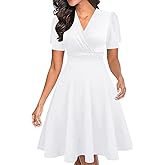 YIQ8 Women's Summer Casual Dress Short Sleeve Wrap V-Neck A-Line Dress Sundress Wedding Guest Cocktail Midi Dresses