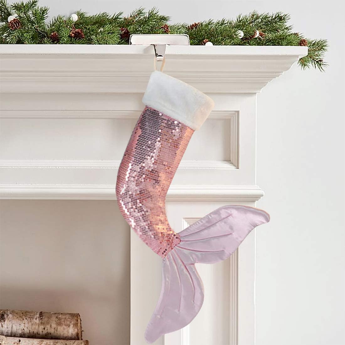 Neeseelily Christmas Stockings, 19 & 22 Inch Big Sequins Mermaid Tail Hanging Xmas Stockings Christmas Holiday Decorations Gifts Party Accessory (Pink, 22 Inch)