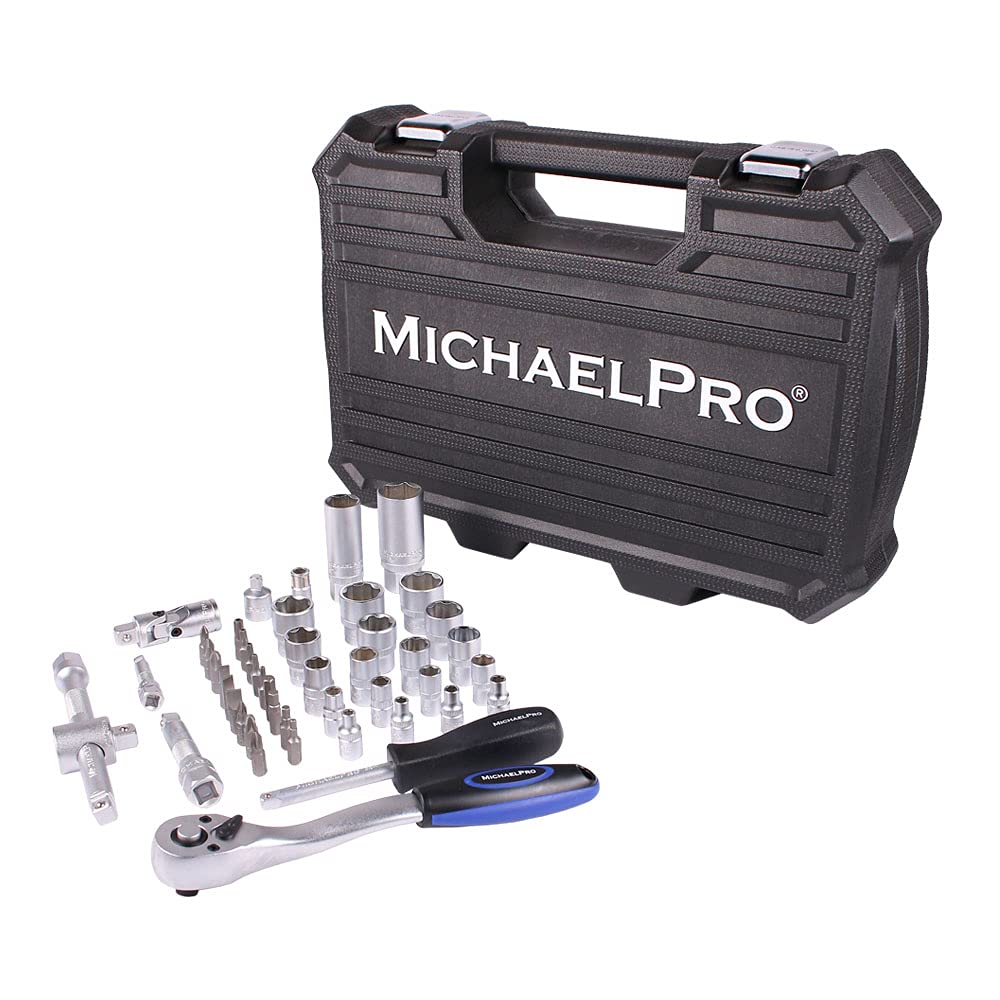 MichaelPro MP005012 47-Piece 1/4 & 3/8 Inch Dr. 72T Ratchet Wrench Socket Set, Wobble Extension Rod with Hexagonal, Universal Joint, Twist Handle, with Adapter and Storage Case, Made in Taiwan