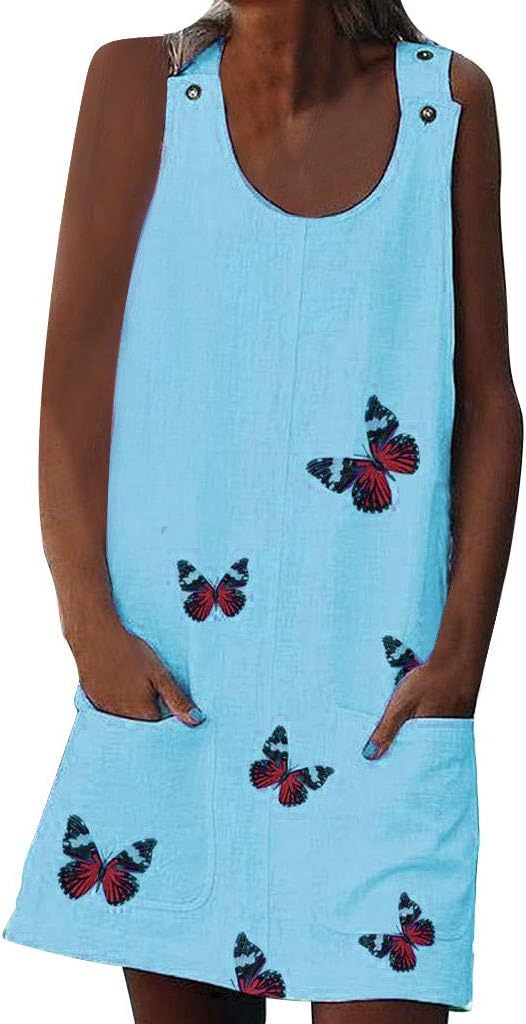 Sonojie Clearance sale Women O-Neck Sleeveless Shoulder Clasp Loose Butterfly Print Cotton and Linen Casual Beach Dress with Pocket