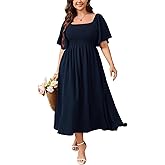 SHESTARR Women's Plus Size Dress Short Sleeve Square Neck Smocked Side Split Flowy A Line Long Maxi Dress