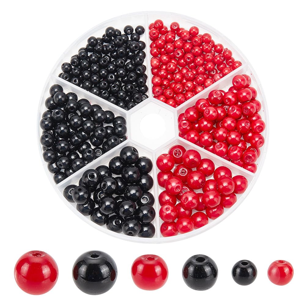 arricraft 350 Pcs Glass Pearl Beads, 4/6/8mm Red Black Round Baking Painted Pearlized Luster Satin Pearls Craft Beads Czech Round Loose Pearls for DIY Necklace Bracelet Jewelry Making