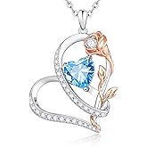 Rose Heart Birthstone Necklace for Women - Dainty 925 Sterling Silver Necklaces for Women Trendy CZ Pendant Necklace Jewelry Birthday Anniversary Christmas Gifts for Girlfriend Mom Lady Daughter
