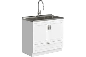 SIMPLIHOME Reed All-in-One 36 inch Wide Utility Sink and Laundry Cabinet in Pure White Finish, Transitional Stainless Steel Sink Cabinet for Laundry Rooms with High-Arch Chrome Faucet and Storage