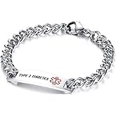 TTVOVO Medical Alert ID Bracelet for Men and Women Stainless Steel SOS Emergency Medical Bracelets Link Chain Bracelet Personalized ID Identification Doctors Jewelry Gifts, 8.7Inches, Type 2 Diabetes