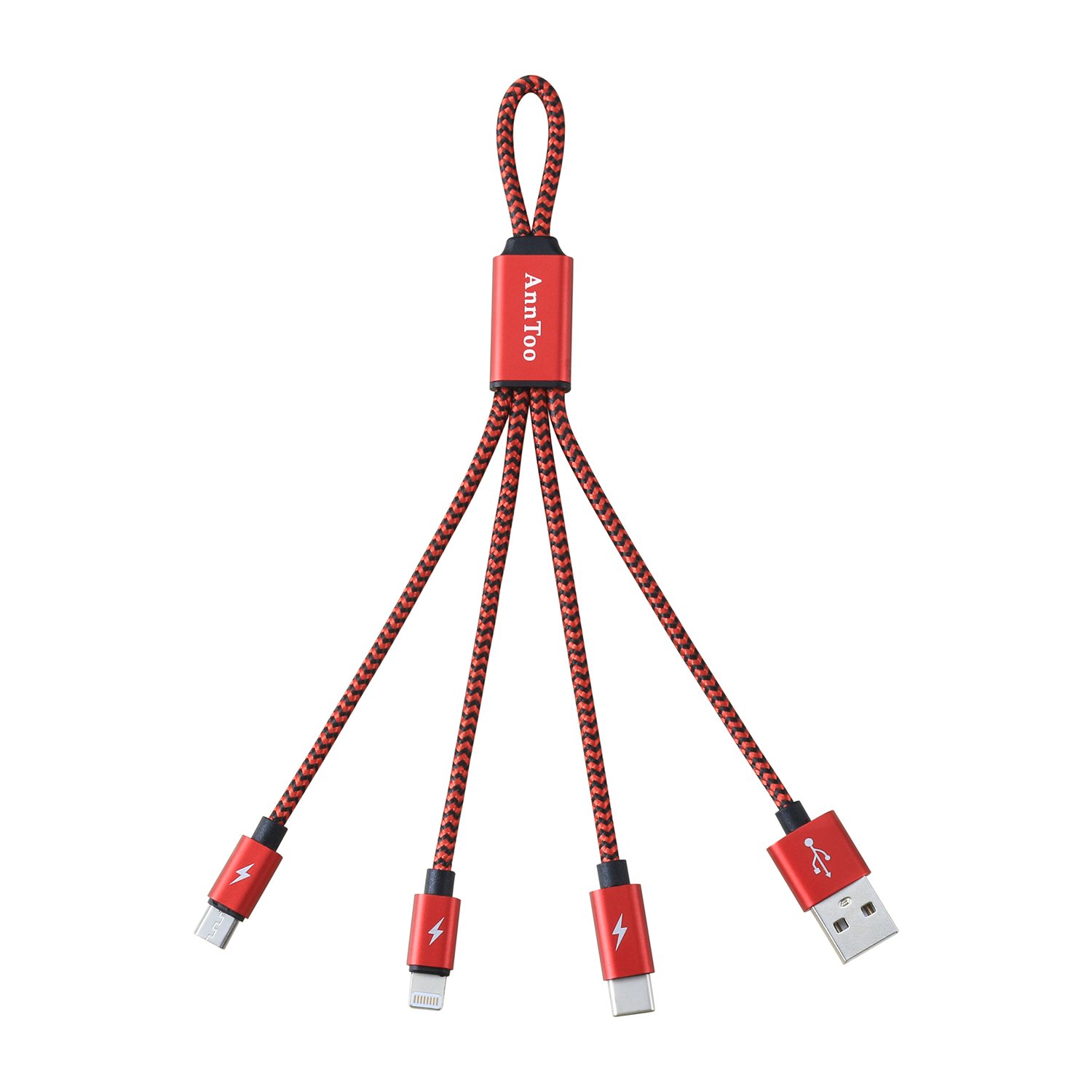 Multi USB Charger AnnToo Multi USB Cable 0.6 FT 3 in 1 Nylon Braided Multiple USB Charging Cables for iPhone iPad Android etc Smartphones with Type C Connector - Red [Only Charging]