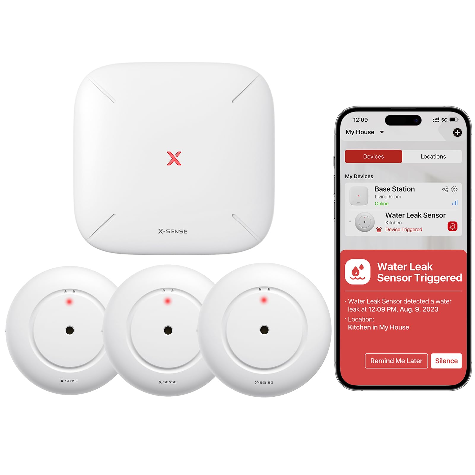 Photo 1 of X-Sense Wi-Fi Water Leak Detector, Smart Water Sensor Alarm, Water Detector Alarm with 1700 ft Transmission Range for Kitchens, Basements, Bathrooms, 3 Water Detectors & 1 Base Station, Model SWS54