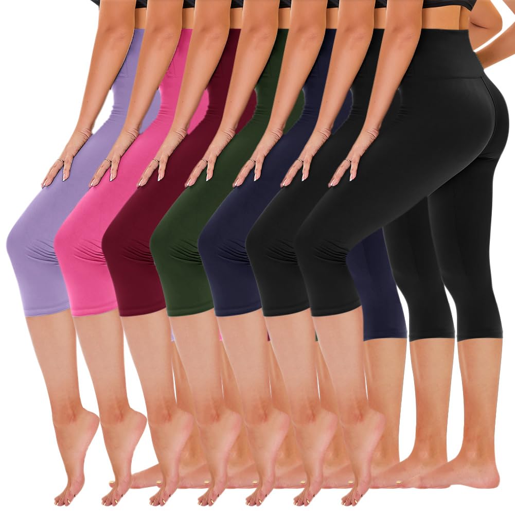 TNNZEET 7 Pack Capri Leggings for Women - High Waisted Tummy Control Yoga Pants for Workout Gym Black Navy Blue Olive Wine Red Pink Light Purple Image