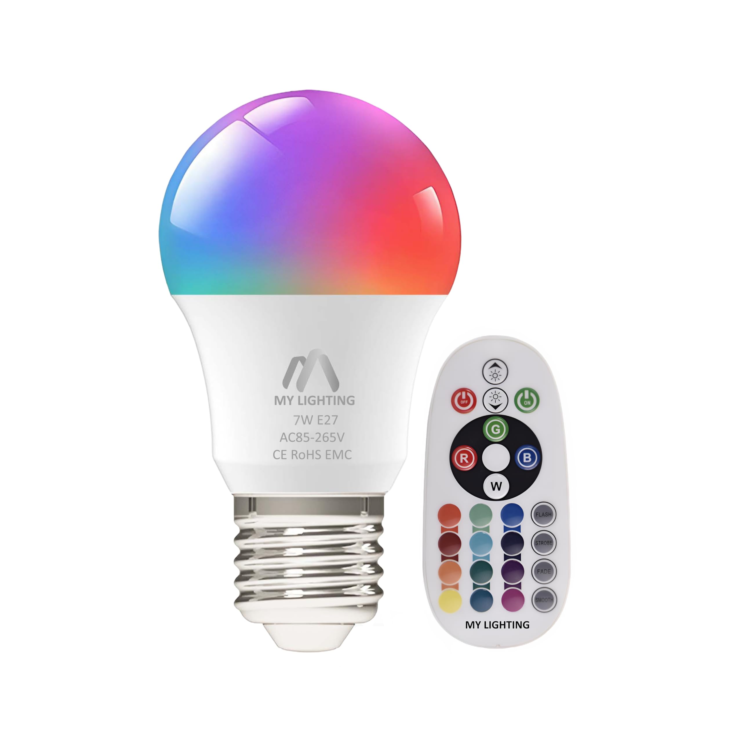 My Lighting 7W E27 LED Bulb | RGB + Warm White 3000K, 16 Million Colors, Dimmable | 806 Lumens, Remote Control | Energy-Efficient Edison Screw LED for Home Décor & Mood Lighting (1 Pack)