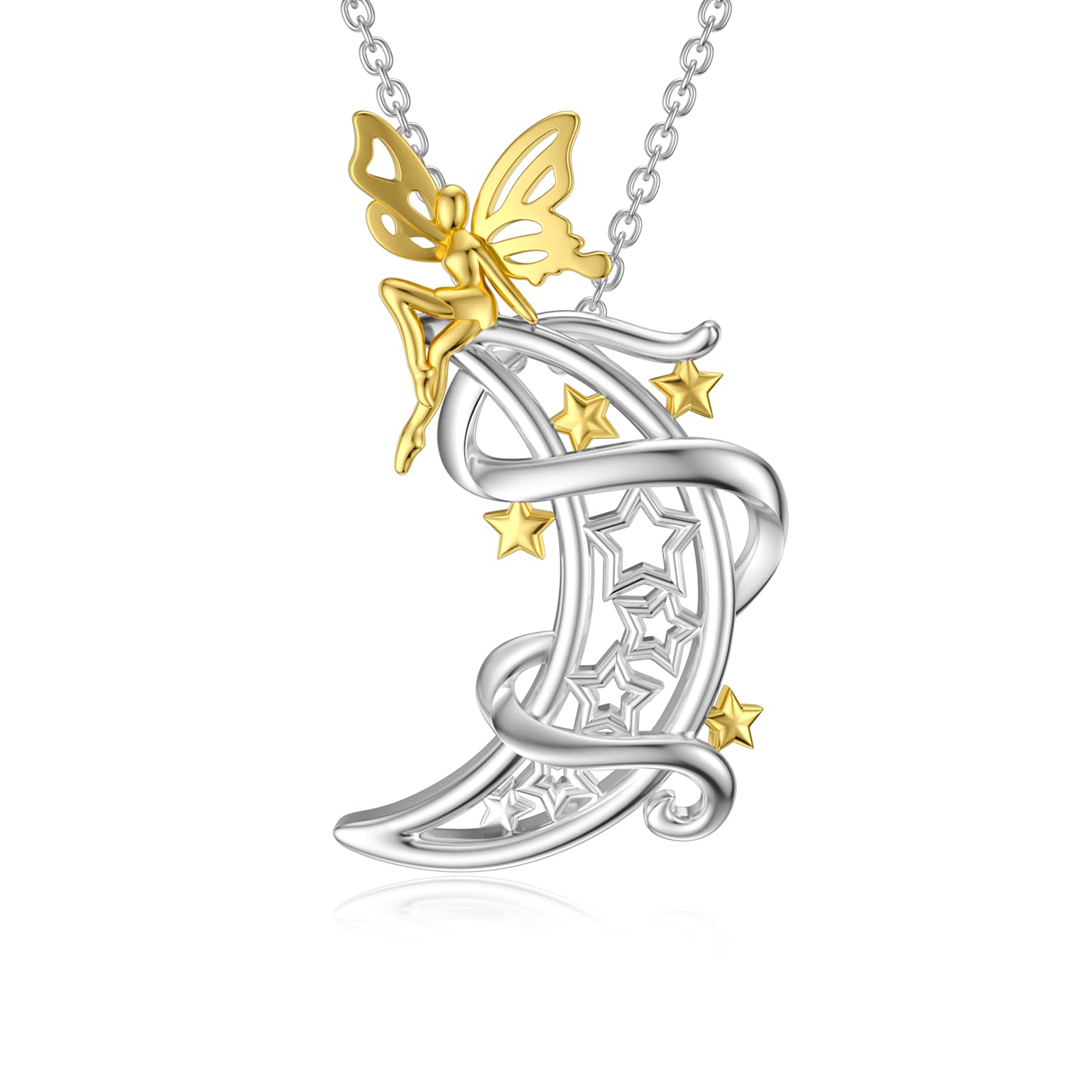 ROMANTICWORK Angel Necklace for Women Sterling Silver Fairy Guardian Angel Gifts Elf Moon Pendant Necklace Jewellery Charm for Women Girls Daughter