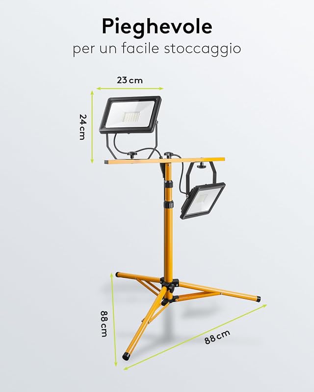 49984 Faretto LED da Cantiere telescopico, Doppia Testa, per Interni ed Esterni, treppiedi in Metallo, Luce Bianca Fredda, Giallo, 2x 50W