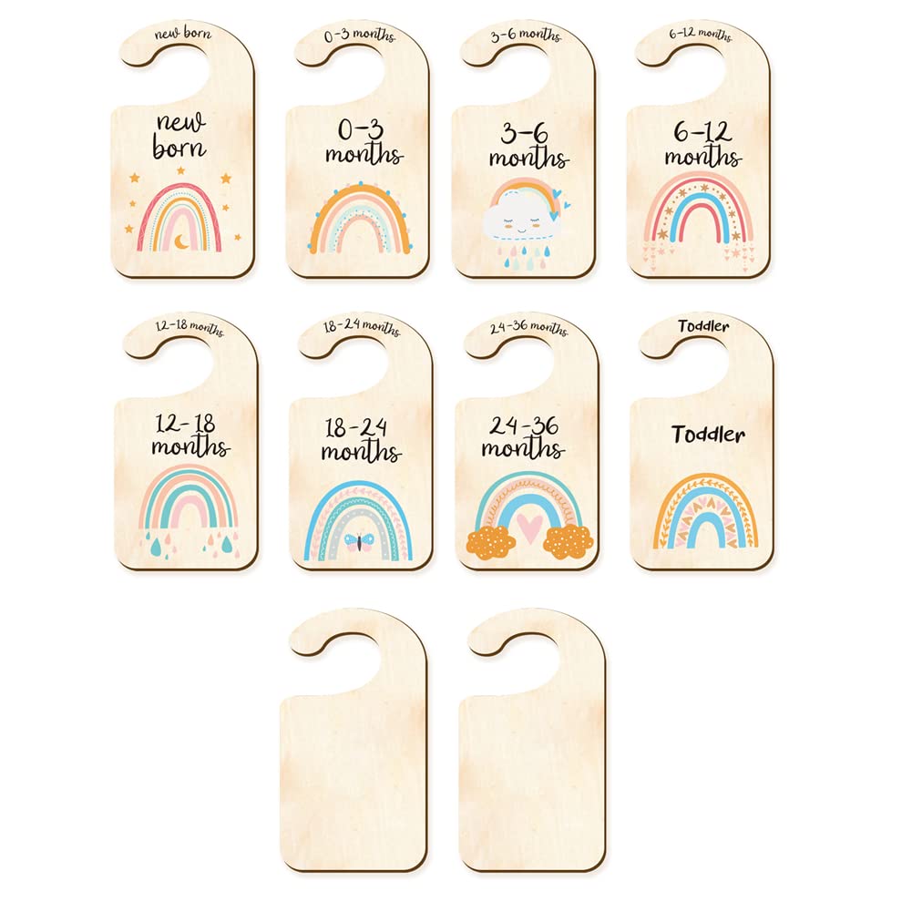 CRASPIRE 10PCS Wood Baby Wardrobe Dividers Rainbow Design from Newborn to 36 Month Hanger Seperaters Closet Organizers Nursery Infant Divider Gift for Shower