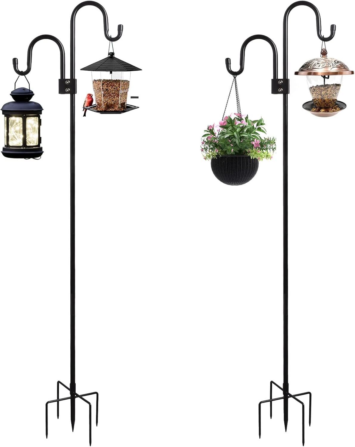 Outdoor Shepherd's Hooks - Whonline Double Shepherds Hook,2 Pack,92 Inch,5 Base Prongs Heavy Duty,Two Sided Garden Pole,Hanging Plant Baskets Solar Light Lanterns Garden Plant Hanger Stands