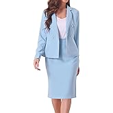 Allegra K Women's 2 Piece Skirt Sets Tweed Trim Long Sleeve Blazer Pencil Skirt Business Suits Work Outfits
