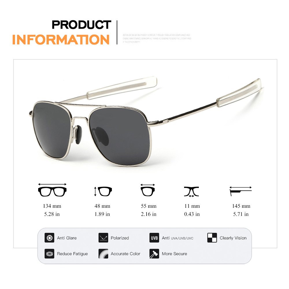 WPF Retro Polarized Sunglasses Aviator Sun Glasses for Men (As Picture, Silver White Frame Black Grey Lens)