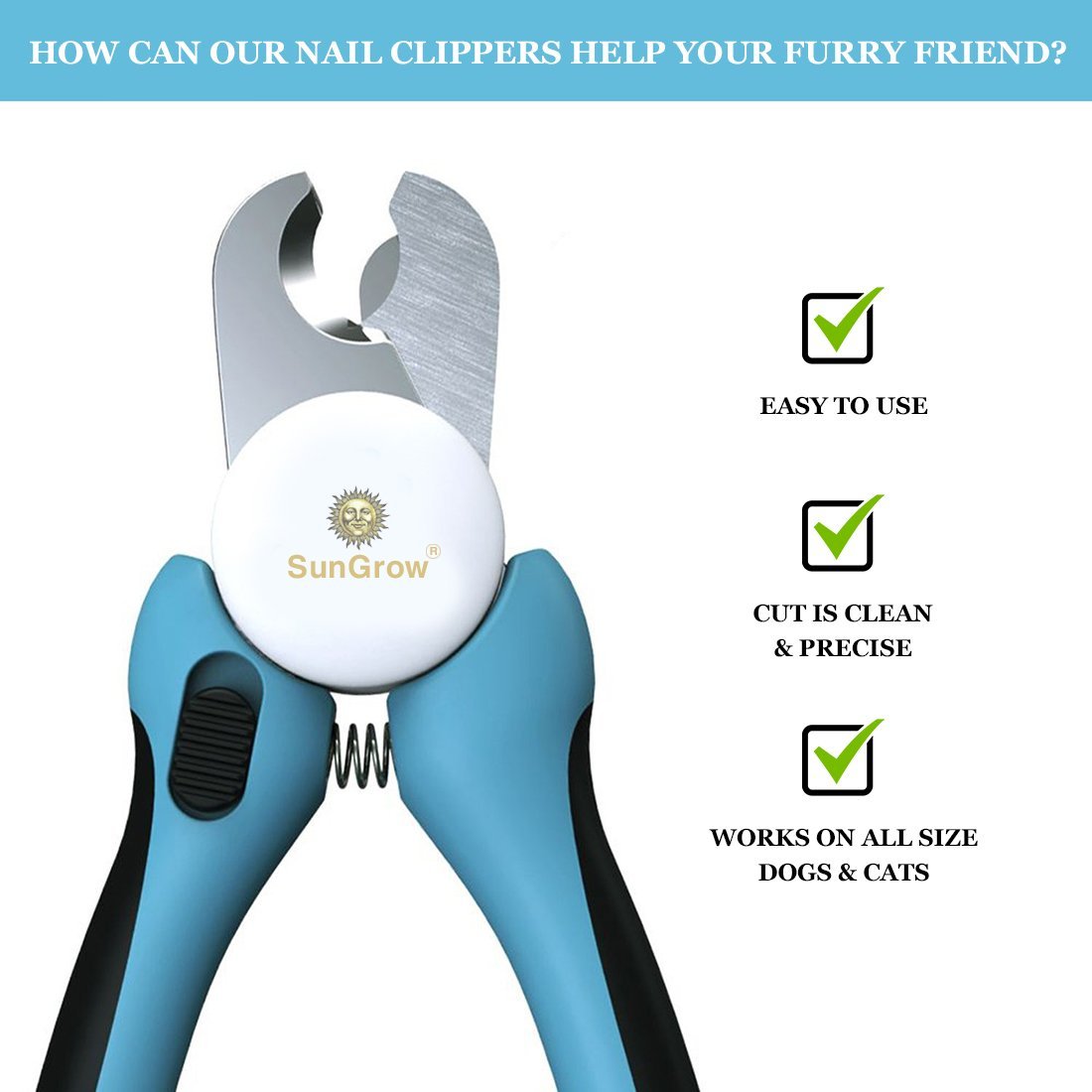 No pain Dog Nail Clipper & Trimmer -- Safety Switch to prevent over cut - 5-minutes to professional grooming - Safety Switch lock - In-built nail file to smooth edge - Razor sharp blade for clean cut