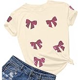 Womens Bow Shirt Coquette Aesthetic Shirts Cute Sequin Graphic Tees Trendy Pink Bow Ribbon Short Sleeve Tee Tops