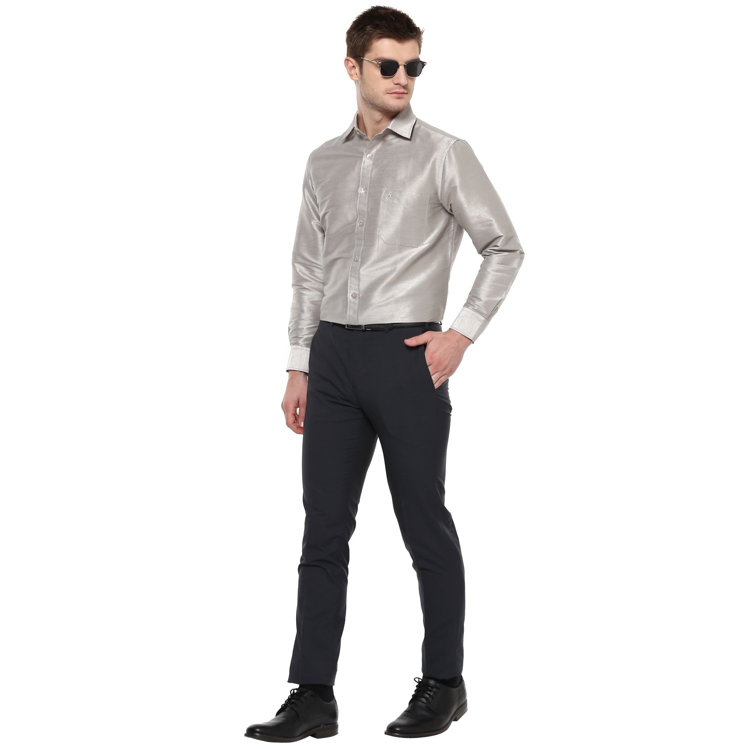 khoday williams men's silver poly silk solid shirt