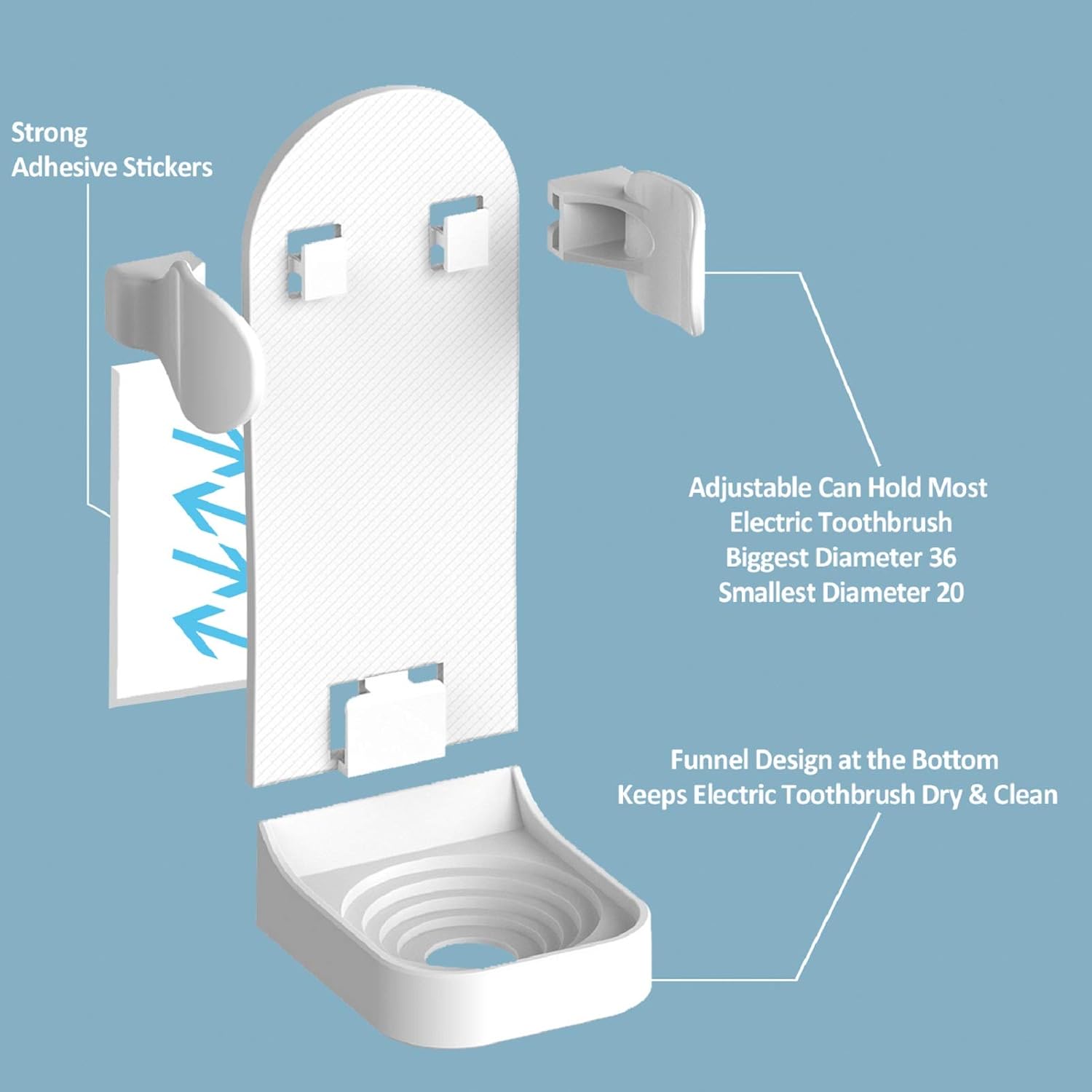 HOMMAND Electric Toothbrush Holder 2 Packs, Upgraded Strong Adhesive Electric Toothbrush Holder Wall Mounted - Image 3
