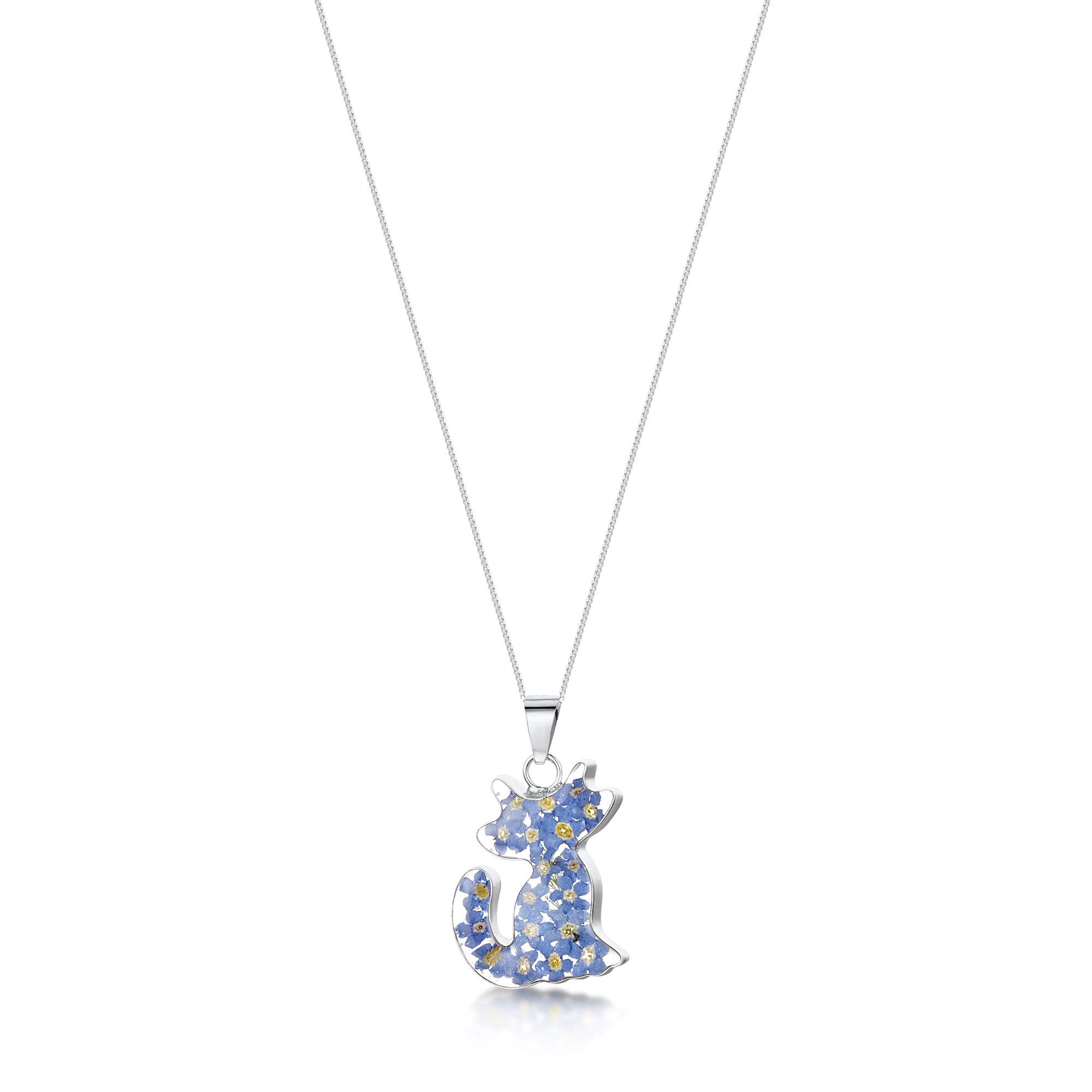 Shrieking Violet 925 Sterling Silver Cat Real Flower Pendant Necklace - Forget-Me-Not (Blue)