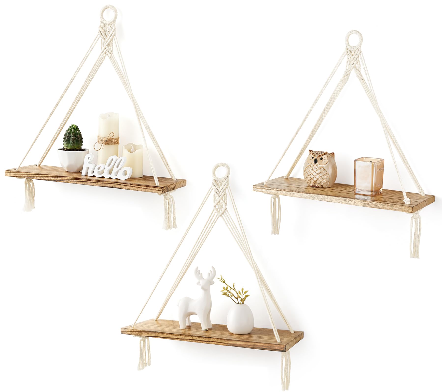 Photo 1 of Mkono Macrame Hanging Shelves Boho Wall Decor Set of 3 Rustic Wood Floating Storage Shelf for Bedroom Bathroom Living Room Nursery Dorm Room, Display Shelving for Hanging Plants Photos