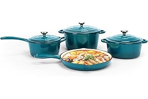 QuliMetal Nonstick Enameled Cast Iron Cookware Set, 7Pcs Pots and Pans with Lid, Frying Pan Skillet, Saucepan, Healthy Dutch 
