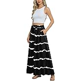 Askyes Womens Maxi Skirt Summer Trendy Tie Knot Elastic High Waisted Boho Casual Beach Flowy Swing Long Skirts with Pockets