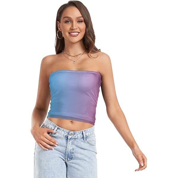 Blue Gradient Women Tube Top Strapless Crop Tube Tops Mesh Bandeau