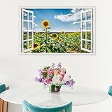 CIWEI Sunflower Window Mural Wall Stickers - 3D White window frame decals Removable Sticker Home Decor for Family Living Room