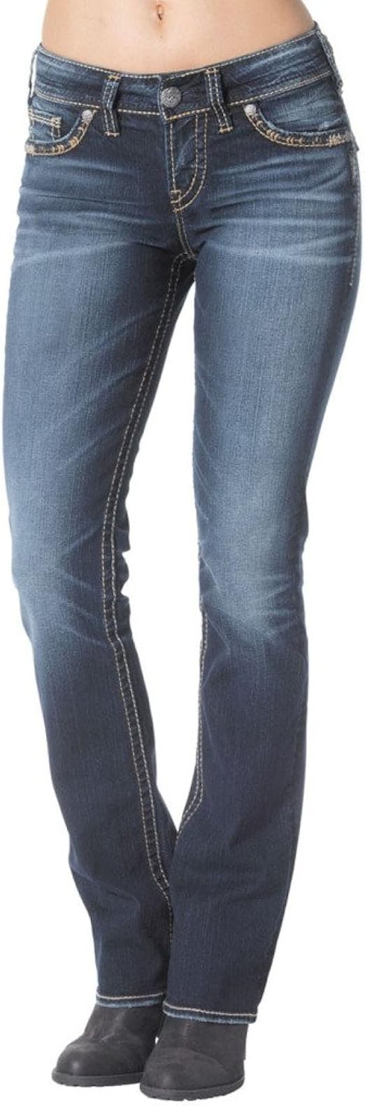 Amazon.com: Silver Jeans Women Suki Mid Rise Slim Boot Curvy Fit Flap Stretch in Dark Blue: Clothing