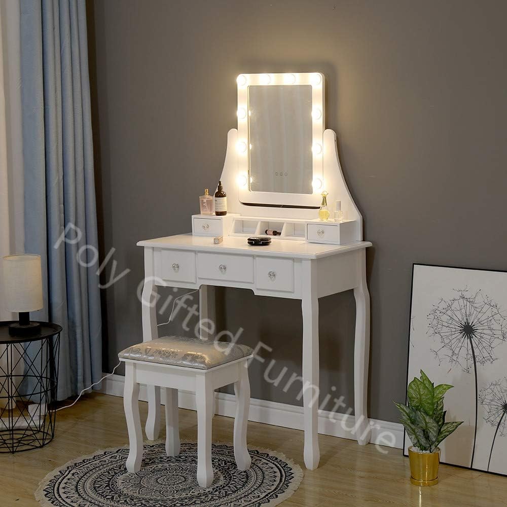 kjfhkc Ellison Deluxe White Dressing Table with Stool LED Light Vanity Table Set Mirror 4 Drawers Stool For Makeup