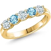Gem Stone King 18K Yellow Gold Plated Silver Sky Blue Aquamarine and Swiss Blue Topaz Wedding-Bands Ring For Women | 0.91 Cttw | Round 3.5MM | Gemstone March Birthstone