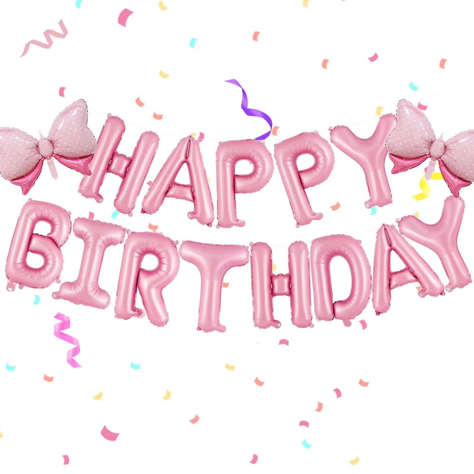 Photo 1 of 16 Inch Pink Happy Birthday Balloons Letters Banner & 2PCS Mini Bow Balloons for Girl Birthday Party Decorations, Foil Mylar Happy Birthday Balloon, Pink Theme Birthday Party Decorations