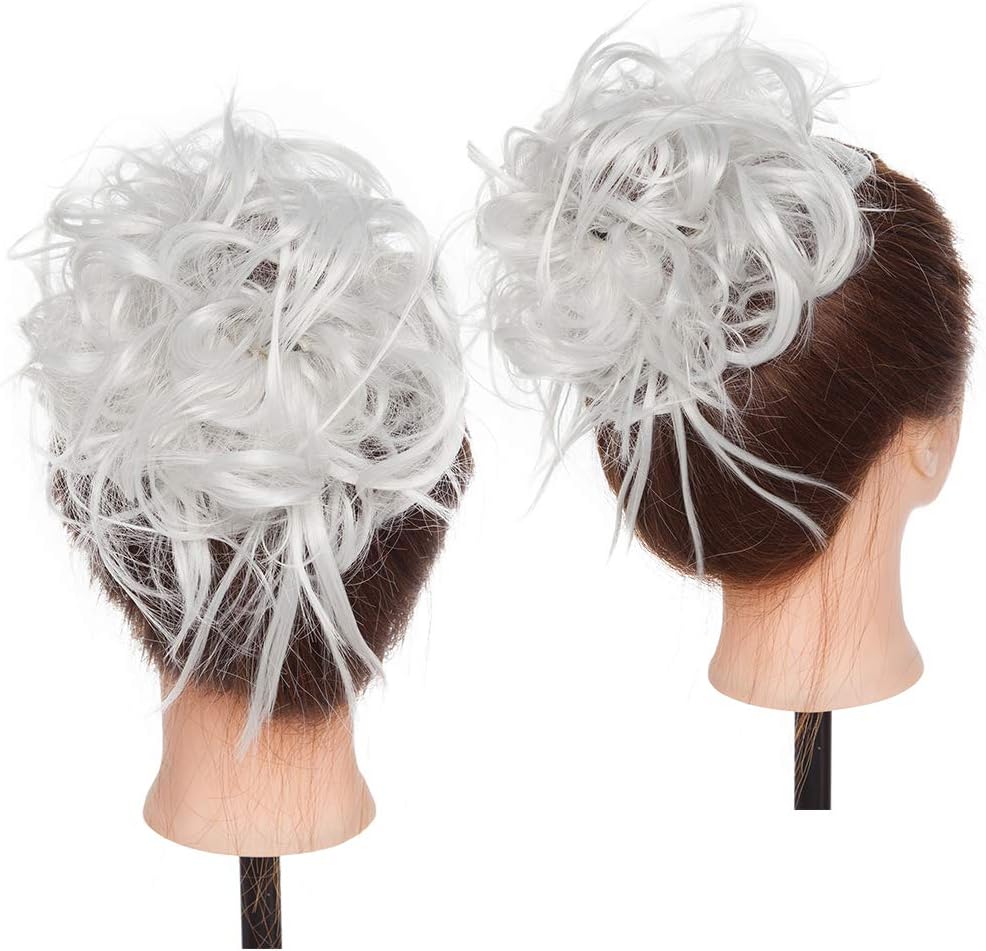 Tousled Updo Messy Bun Hair Extension Instant Ponytail With Elastic Rubber Band Updo Chignon Donut Scrunchies Extensions Hairpiece Synthetic Wavy Hair for Women Silver Gray - Image 4