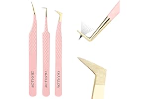 Oranllow Lash Tweezers Set for Eyelash Extensions - 3 Precision Fiber Tip Diamond Grip, Volume,L-shape Boot, 90 Degree Lash Tweezers for Volume Classic Lashes Premade Fans (3)